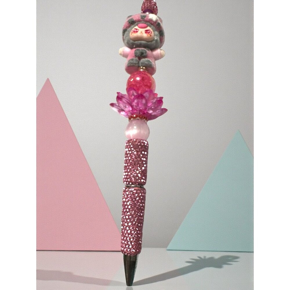 Handmade Kawaii Pink Flower Beaded Decorative Character Ballpoint Pen